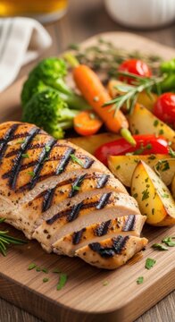 Grilled chicken breast fillet with roasted vegetables on a wooden cutting board