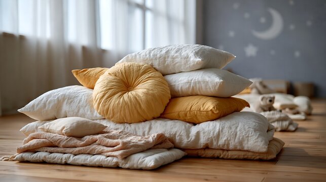 Cozy stack of pillows and blankets on wooden floor.