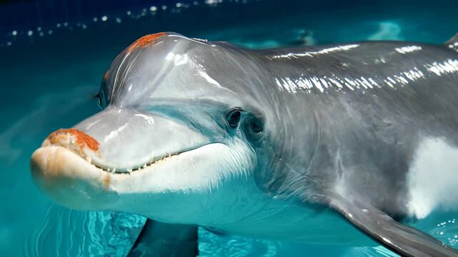 Dolphin with toxic orange patches on its face swimming in the ocean. Water pollution and environmental crisis concept. Impact of chemical waste on marine life