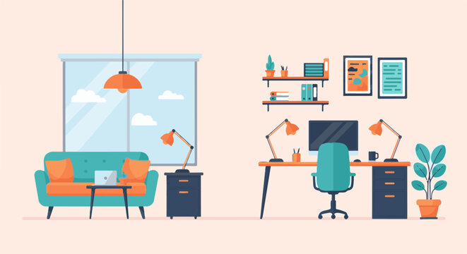 A minimalist, flat design of a home office and living area with a desk, computer, couch, and window