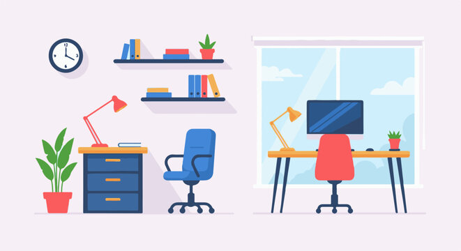 A minimalist flat illustration of two home office desks with computers, chairs, lamps, and shelving against a sky backdrop