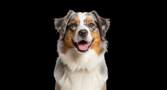 Portrait of a tri-color australian shepherd dog with a white chest, brown markings, and grey fur, isolated against a solid black background