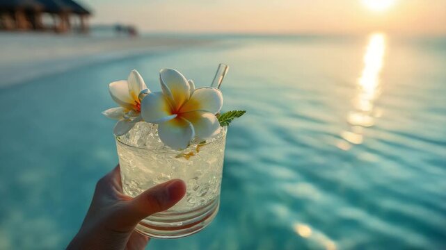 hand hold fresh cocktail decorated with frangipani flower on paradise beach background animation