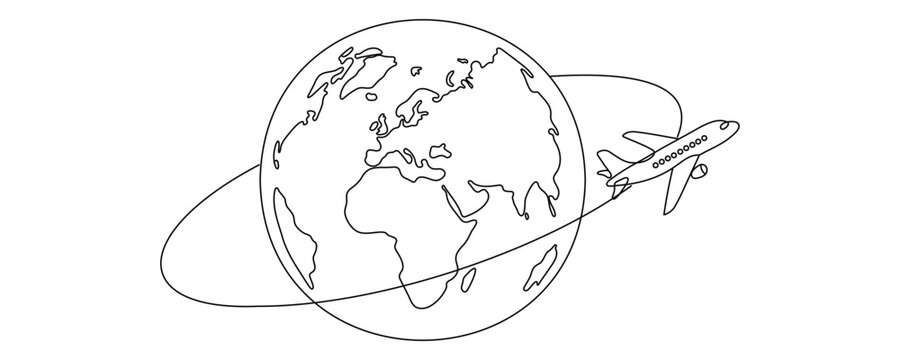 A solid line drawing of a flying airplane. A single-line drawing of an airplane. Vector illustration. Editable line