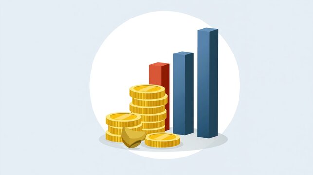 Stacked gold coins with a pie chart slice and ascending bar graphs representing financial growth and investment analysis.