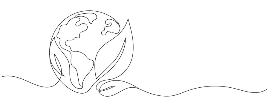 A drawing of the Earth, drawn in one continuous line, with a symbol of a plant sprout representing stability and growth. Editable line