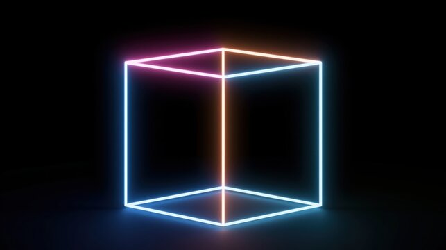 A glowing neon cube outlined in vibrant colors floats against a black background, creating a futuristic and minimalist visual effect.