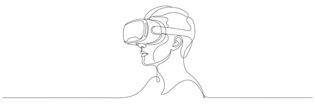 Young man wearing 3D or VR glasses, single line drawing, virtual reality player concept, vector illustration. Editable line art