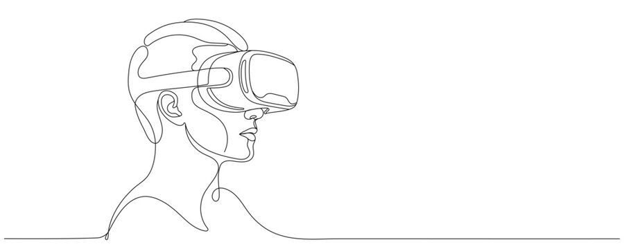Young man wearing 3D or VR glasses, single line drawing, virtual reality player concept, vector illustration. Editable line art