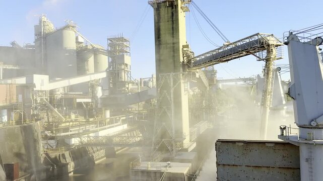 Grain export terminal with silos and conveyor belts working at full capacity. Bulk carrier berthed at private quay loads grain. Water spray system creates waterfall to suppress dust clouds.