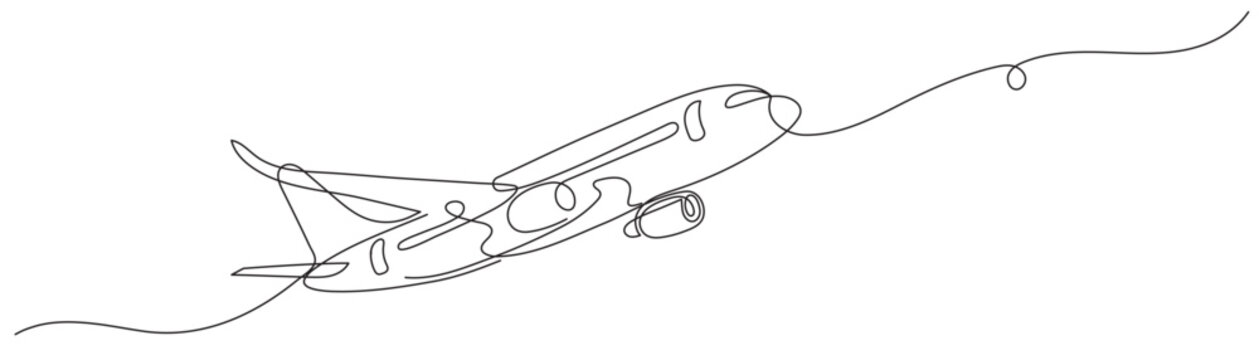 A solid line drawing of a flying airplane. A single-line drawing of an airplane. Vector illustration. Editable line