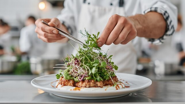 Chef garnishes dish with fresh microgreens and herbs.