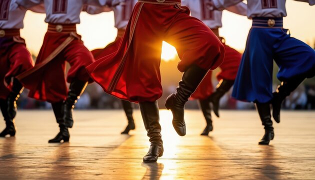 A group of dancers in vibrant costumes perform against a sunset backdrop. The dancers move in unison, showcasing their colorful attire and energetic footwork.