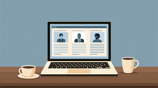 Laptop on a desk displaying a video conference with three participants, accompanied by a cup of coffee and a mug.