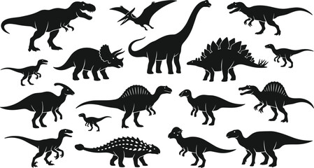 Dinosaur Silhouette Vector Set Featuring Tyrannosaurus Rex Triceratops Brachiosaurus and Stegosaurus Icons for Educational Books and © Lipi