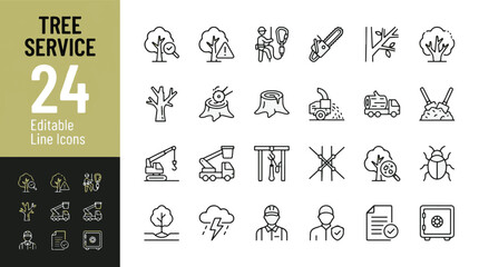 Tree Service Line Editable Icons set. Vector illustration in modern thin line style for arborist, logging, landscaping: chainsaw, stump grinding, wood chipper, pruning, and safety equipment. © Jason