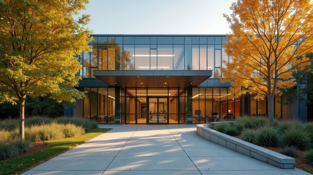 Entrada principal de un hospital contempor&aacute;neo con paredes de vidrio transparente y rampa de acceso, un jard&iacute;n exuberante y &aacute;rboles