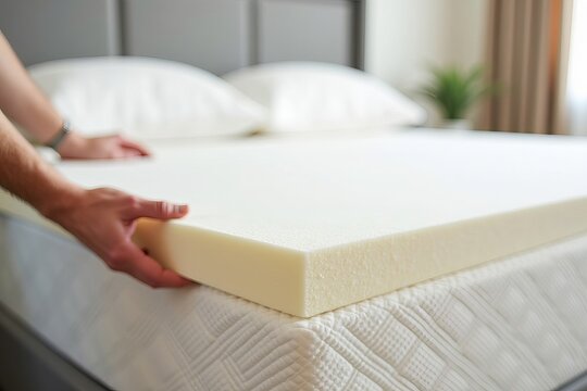Customer Evaluating Firmness of Orthopedic Memory Foam Core Mattress by Touching