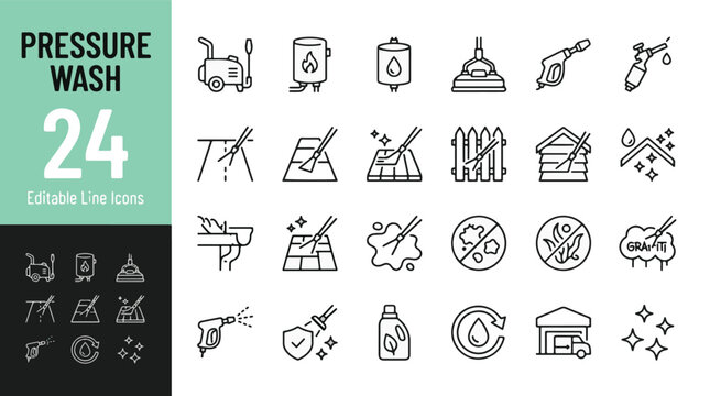 Pressure Washing and Power Wash Line Editable Icons set. Vector illustration in modern thin line style of industrial cleaning service, maintenance equipment, spray guns, and home repair.