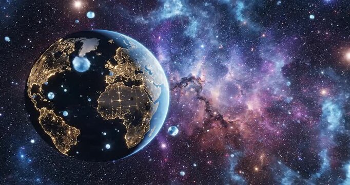 Earth surrounded by a vibrant cosmic nebula with stars and celestial objects in the background