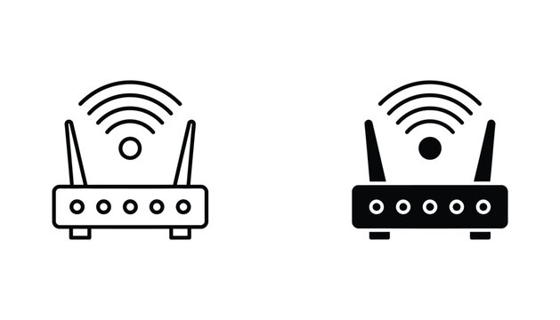 Wireless internet router icon set with signal waves and five status lights in outline and solid black vector style for networking hardware and home internet connectivity branding design projects