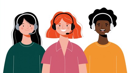 Obraz premium Illustration of three diverse customer service representatives wearing headsets, smiling and ready to assist.