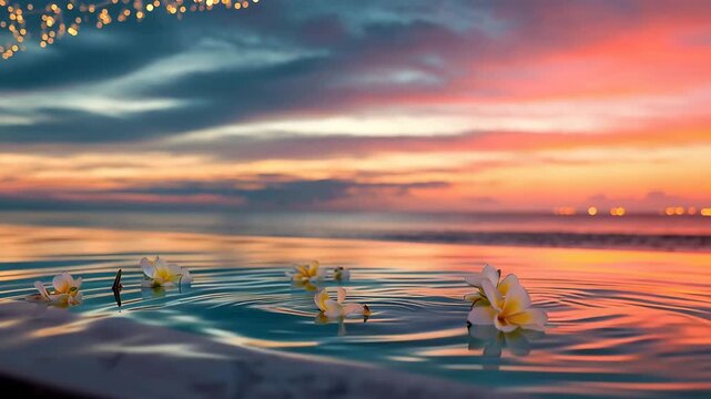 frangipani flowers float in infinity pool romantic decorated with lights animation
