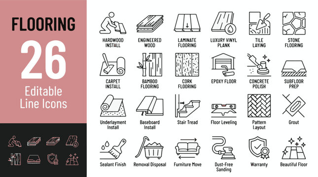 Flooring Installation Line Editable Icons set. Vector illustration in modern thin line style of floor repair and renovation related icons: hardwood, laminate, tile, carpet, grout, and more.