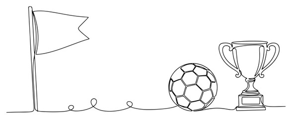 Football ball with championship trophy and flag in single line art style © AnjaliDesai