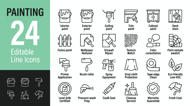 Painting Line Editable Icons set. Vector illustration in modern thin line style of home renovation and decoration related icons: brush, roller, spray, paint cans