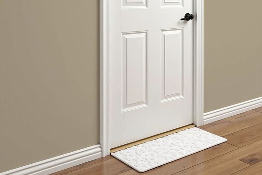 Close-up of a door draft stopper sealing gaps to keep cold air out in winter.