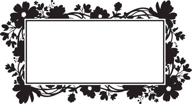 Black floral border frame, rectangular label, decorative flowers, vintage botanical ornament, empty text box