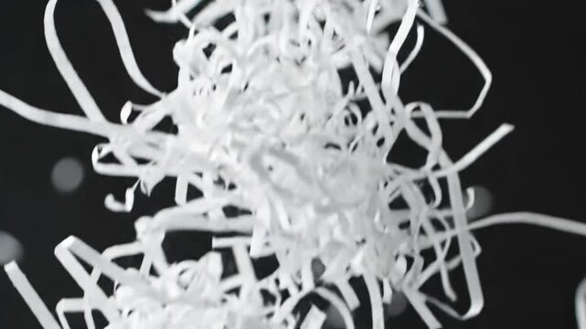 Shredded white paper strips falling against a black background. Slow motion fluttering of paper ribbons. Concept of data destruction and document security