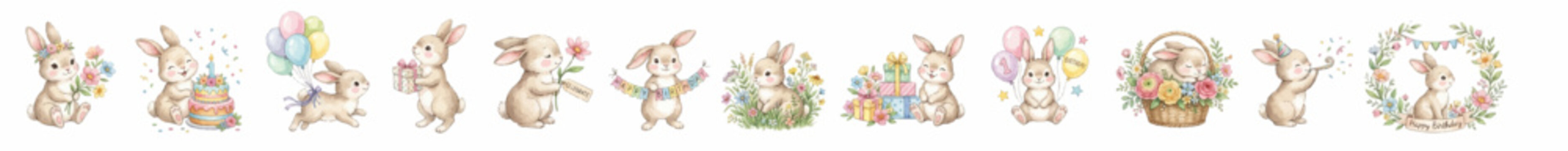 Adorable rabbit birthday collection with festive elements, balloons and presents in soft watercolor tones. Collection of Vector illustrations for invitation, card, poster, banner, decoration
