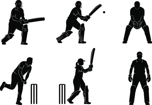 Professional Cricket Player Silhouette Set Featuring Batters, Bowlers, and Wicket Keepers in Dynamic Match Action for Sports Branding, Team Graphics, and Athletic Training DesignsProfessional Cricket 