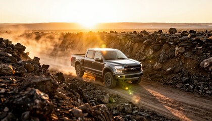 Fototapeta premium A black truck drives along a dusty path, surrounded by rocky terrain. The sunset casts a warm glow over the rugged landscape and the truck's silhouette.