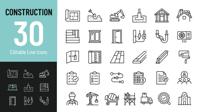 Construction Line Editable Icons set. Vector illustration in modern thin line style of building and renovation related icons: blueprint, excavator, plumbing, electrical, framing