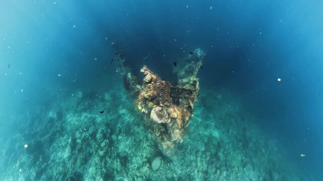 Woman snorkeling in clear blue water. Apnea in famous Skeleton ship Wreck, a popular dive and snorkel site now covered in corals and marine life. Coron island, Palawan, Philippines.