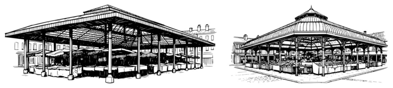 Covered market pavilion structure with outdoor stalls in detailed black and white sketch style
