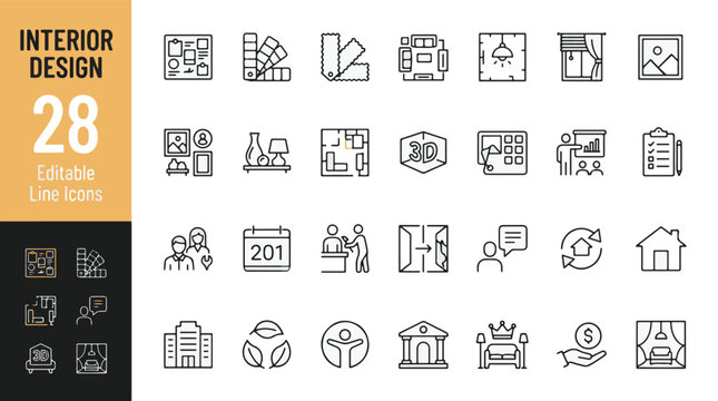 Interior Design Line Editable Icons set. Vector illustration in modern thin line style of home renovation, architecture, and decor related icons: floor plan, 3d modeling, and color swatches.