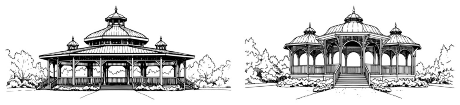 Garden gazebo and park pavilion structure set in classic ink sketch style