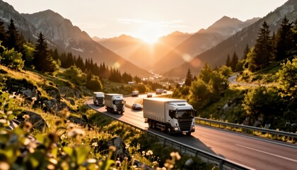 Fototapeta premium Trucks drive along a winding road, surrounded by rolling hills and mountains. The golden sunset casts light on the trucks and the scenic landscape.