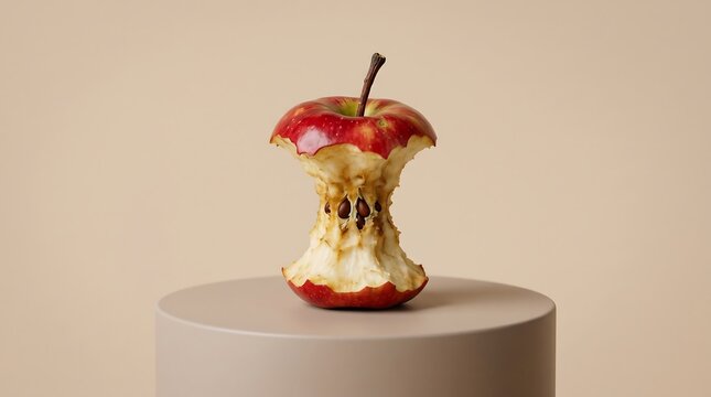 Eaten Red Apple Core on Minimalist Beige Background with Pedestal