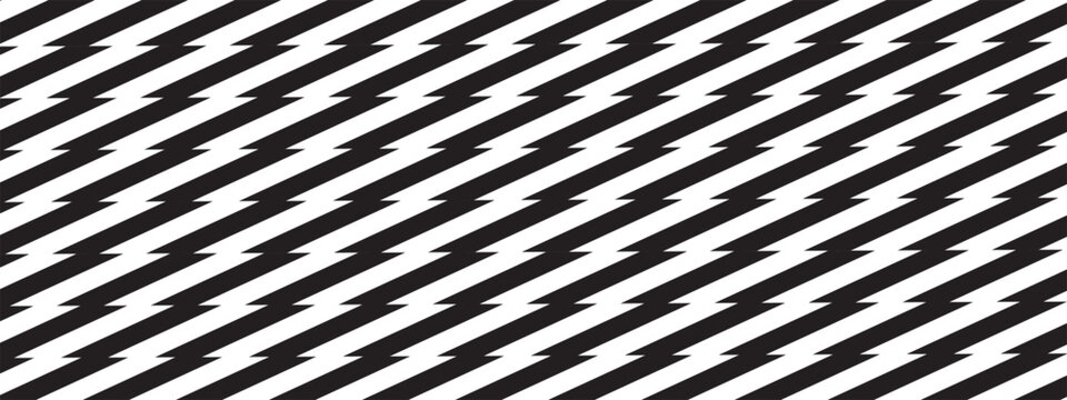 Wallpaper with repeating black and white zigzag lines. Thunder bolt background. Jagged stripes pattern. Energy, flash light, shock or danger anime comic print. Vector graphic illustration