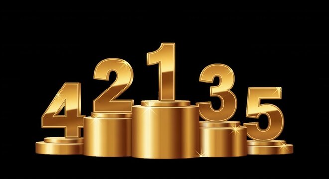 Shiny gold numbers one, two, three, four, and five standing on cylindrical podiums against a solid black background, 3 d render
