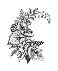Obraz premium Beautiful hand drawn vector composition with black and white unusual blooming flowers on white background