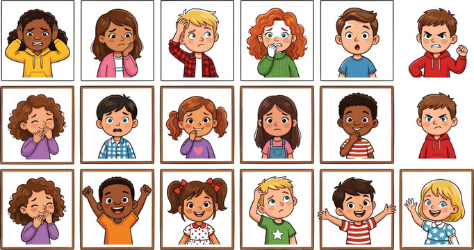 Diverse Cartoon Kids Facial Expressions and Emotions Icon Set Featuring Children with Different Feelings for Educational Flashcards, Websites, and Mobile Apps