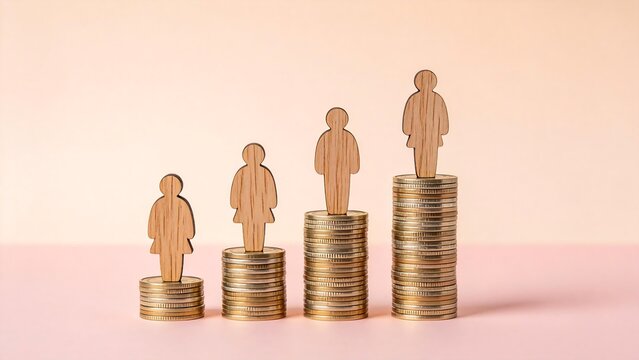 Wooden figures on stacked coins