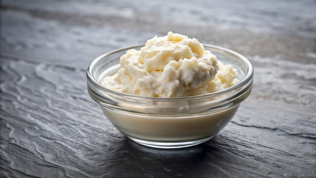 Traditional lard spread in glass bowl presented on dark textured background. Creamy lard spread, a classic ingredient, offers rich flavor for various culinary uses.