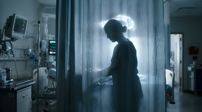 Nurse enters hospital room with patient through curtain in dark interior